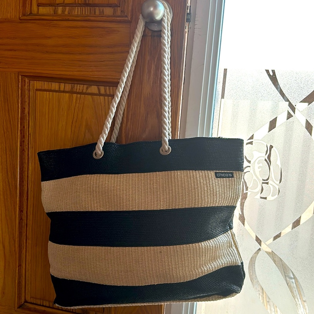 Chicos Black and Cream Striped Beach/Shopping Tote